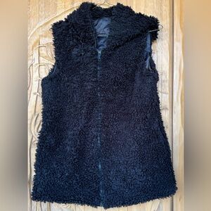 CozyTeddy Faux Fur Long Black Zip-Up Hooded Vest Women’s Size S/M